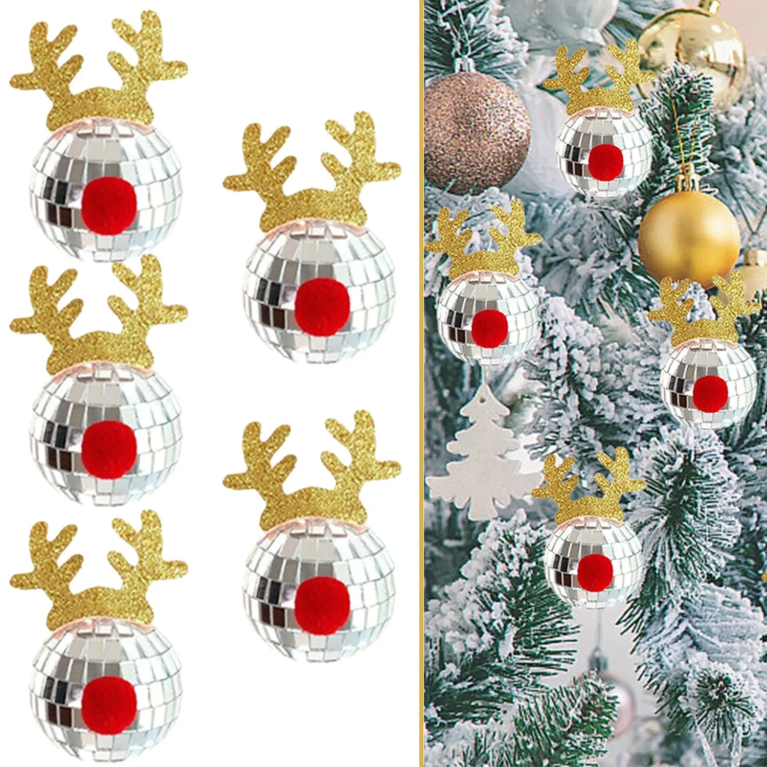 5 Pcs Christmas Silver Disco Mirror Ball With Rope Reflective Mirror Ball Hanging Bright Elk Horns Xmas Ball Ornament For Christmas Tree Birthday Wedding Party Dance Music Festivals Decor Supplies