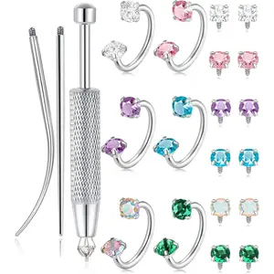 Horseshoe Nose Rings 316L Surgical Steel Half Hoop Earrings for Women Internally Threaded Cartilage Helix Tragus Earrings Double CZ Eyebrow Lip Piercing 18G 20G 8MM Silver Gold Plated