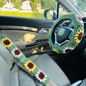 Crochet Sunflower Pattern Car Steering Wheel Cover Set, Steering Wheel Protector & Safety Belt Cover, Universal Car Interior Accessories, Girly Car Accessories