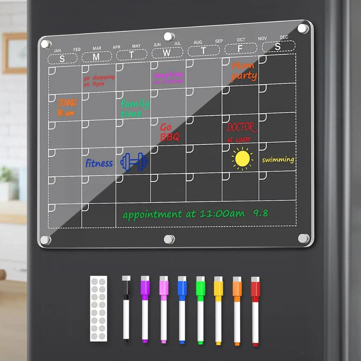 Acrylic Fridge Calendar, Magnetic Calendar for Refrigerator with 8 Colorful Markers, Clear Dry Erase Board Reusable Planning Set, 14.2''X10.2''