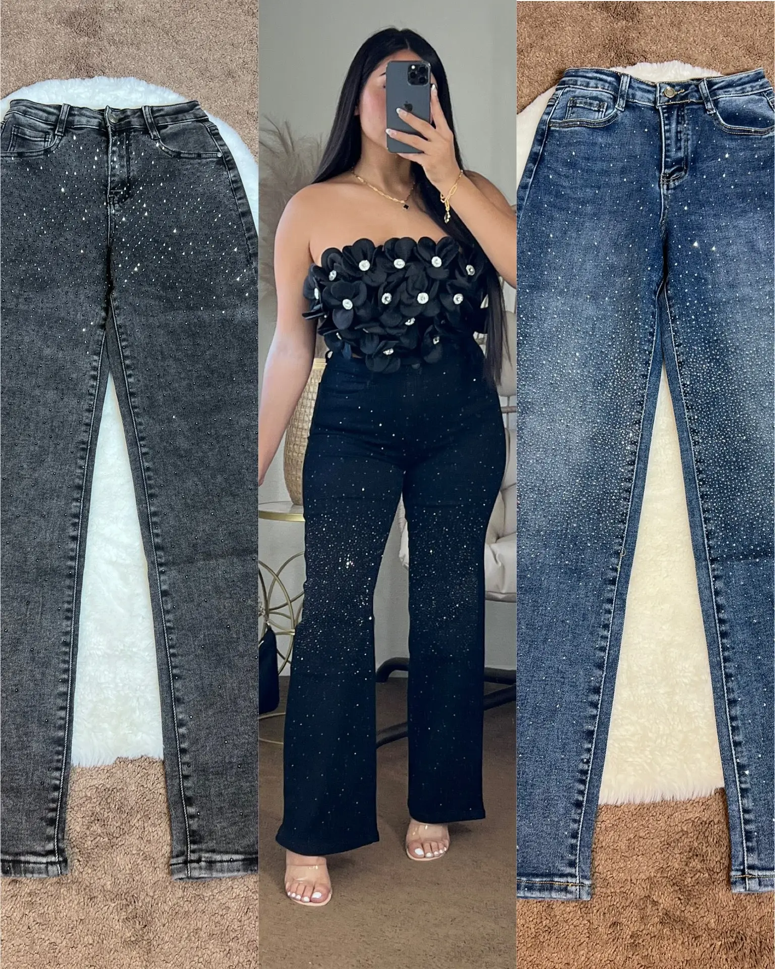 Bling bling Jeans with Pockets Comfy Glitter High Waist
