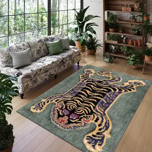 Velvet Soft Comfort Home Rug, Animal Printed Rug, Tibetan Tiger Totem Art Print, Holiday Decorative Carpet for Hallway, Living Room, Bedroom, Outdoor Use