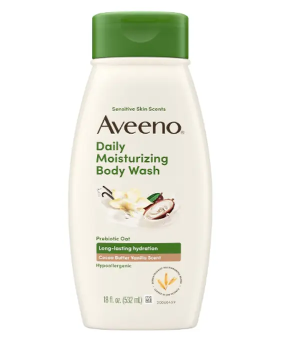 Aveeno Daily Moisturizing Body Wash, Cocoa Butter Vanilla, 18 fl. oz | Cocoa Butter Vanilla Scent, Soothing Prebiotic Oat, Long-Lasting Hydration for Sensitive Skin, Hypoallergenic, Paraben-Free