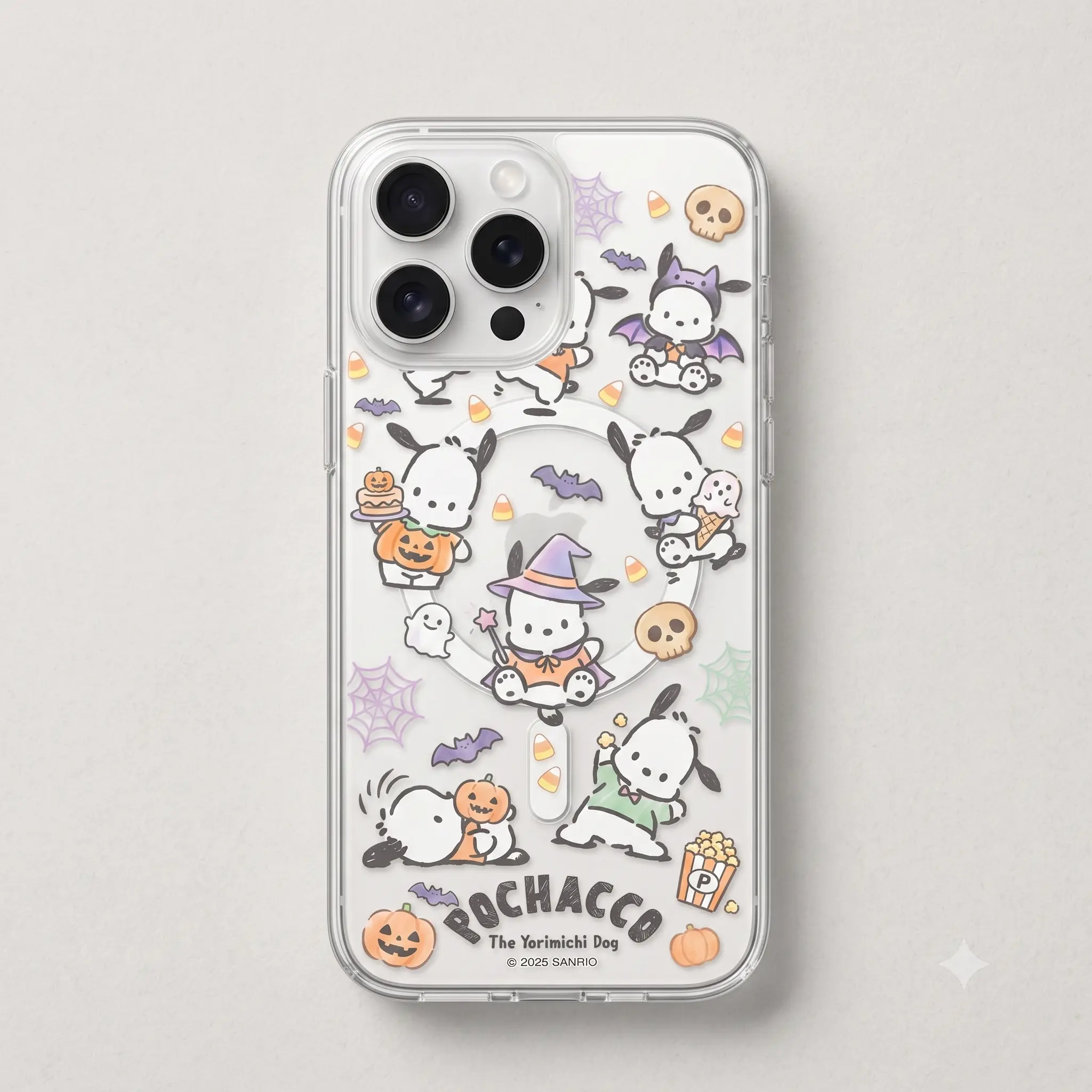 Pochacco Halloween Clear Case for iPhone 11-17 Pro Max Galaxy S21-S26 Ultra, Cute Kawaii Sanrio Spooky Witch Transparent Magnetic Protective Phone Cover