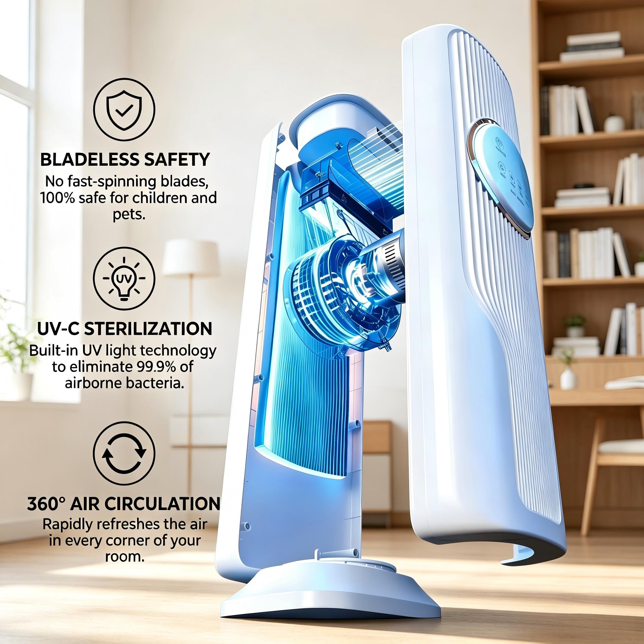 Bladeless 2-in-1 Fan & Heater – 3 Speeds, 2 Heat Modes, Remote Control, Quiet Operation, All Season Use – Perfect for Bedroom, Office, Small Spaces (28ft/s High Airflow)