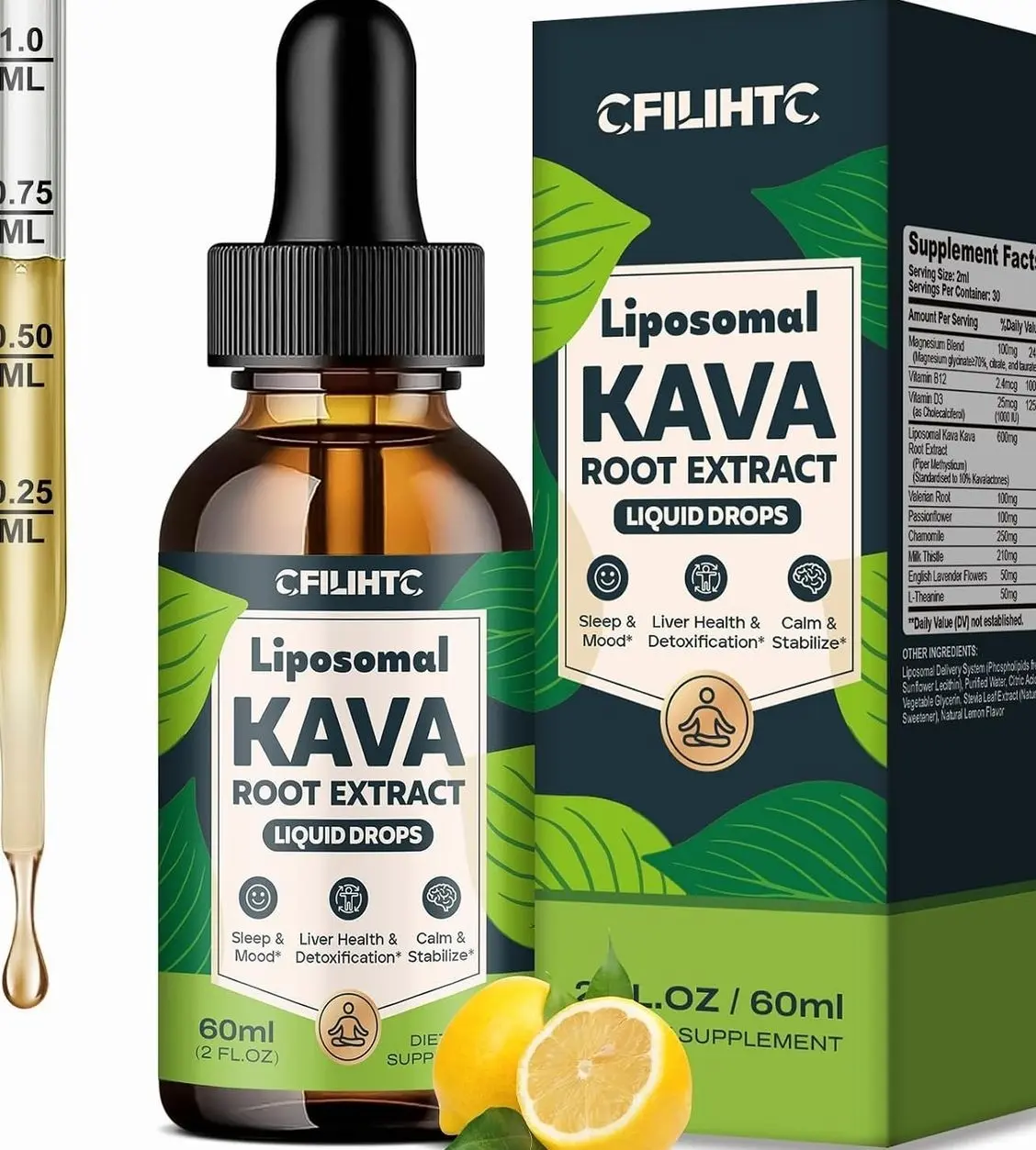 Liposomal Kava Liquid Drops Kava Kava Supplement - Valerian Root for Sleep Stress Relief Kava Root Extract - Calmness & Relaxation with Magnesium, Passionflower, Chamomile, Milk Thistle, L-Theanine​​