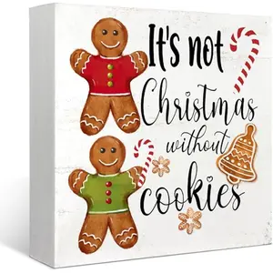 Christmas Gingerbread Decor Sign for Kitchen,It's Not Christmas without Cookies Wooden Box Sign,Xmas Winter Gift for Friend Family Home Kitchen Desk Decor,5x5 Inch