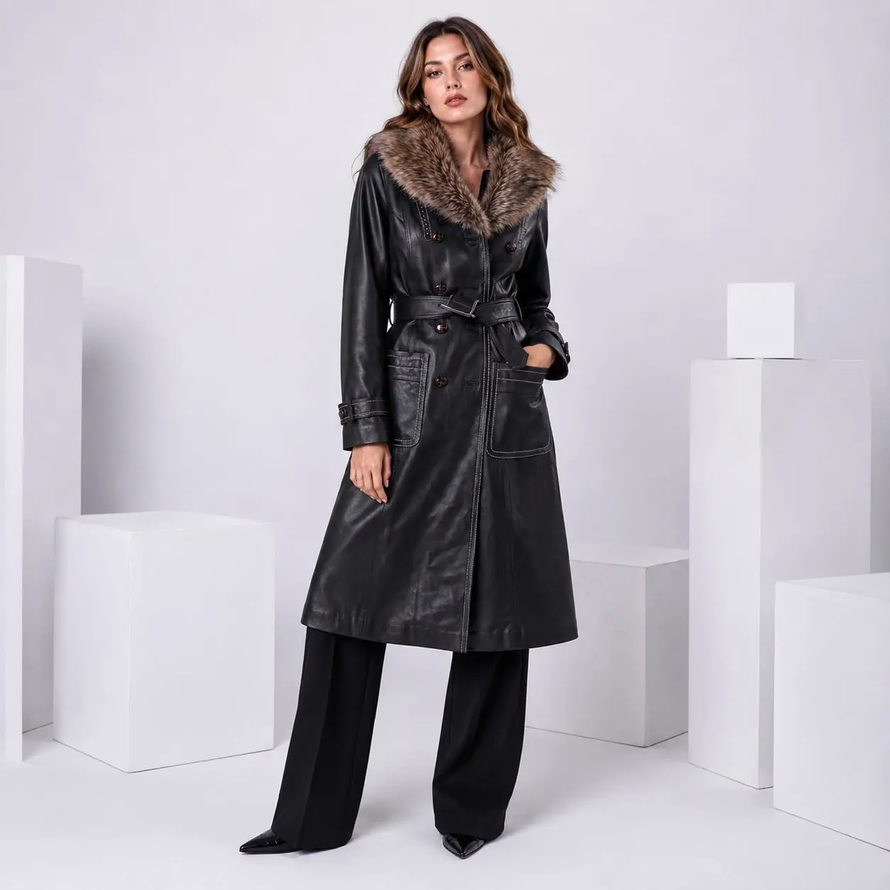 ROYAL JULEP BLACK LONG LEATHER COAT WITH FAUX FUR LINING