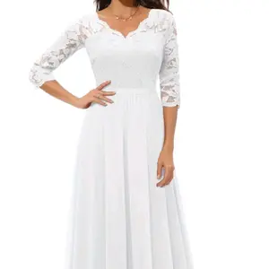 mid -Length v neck elegant woman Sexy Dress Maxi Solid Color with lace detail mid sleeve Casual Womenswear