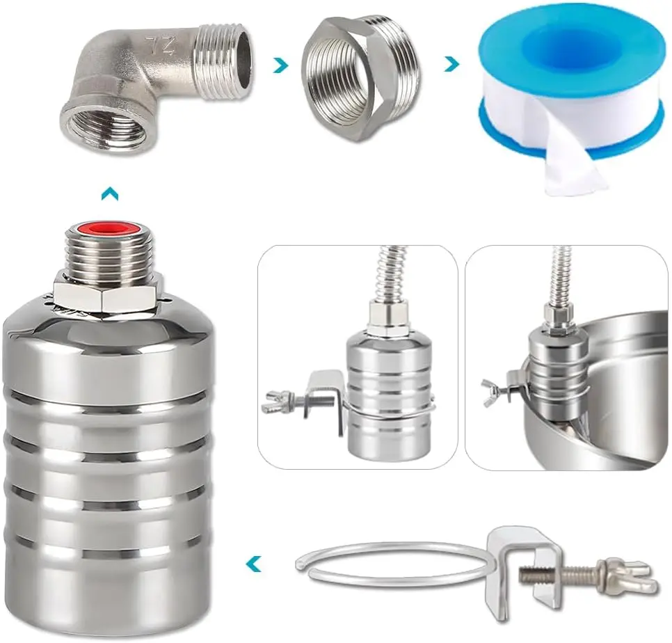 Automatic Water Float Valve, 304 Stainless Steel Auto Fill Valve for Water Tanks and Stock Tanks, Adjustable Water Level Controller with 1/2" & 3/4" Connection, No Pump Needed for Livestock Troughs, Ponds and Pool Water Supply