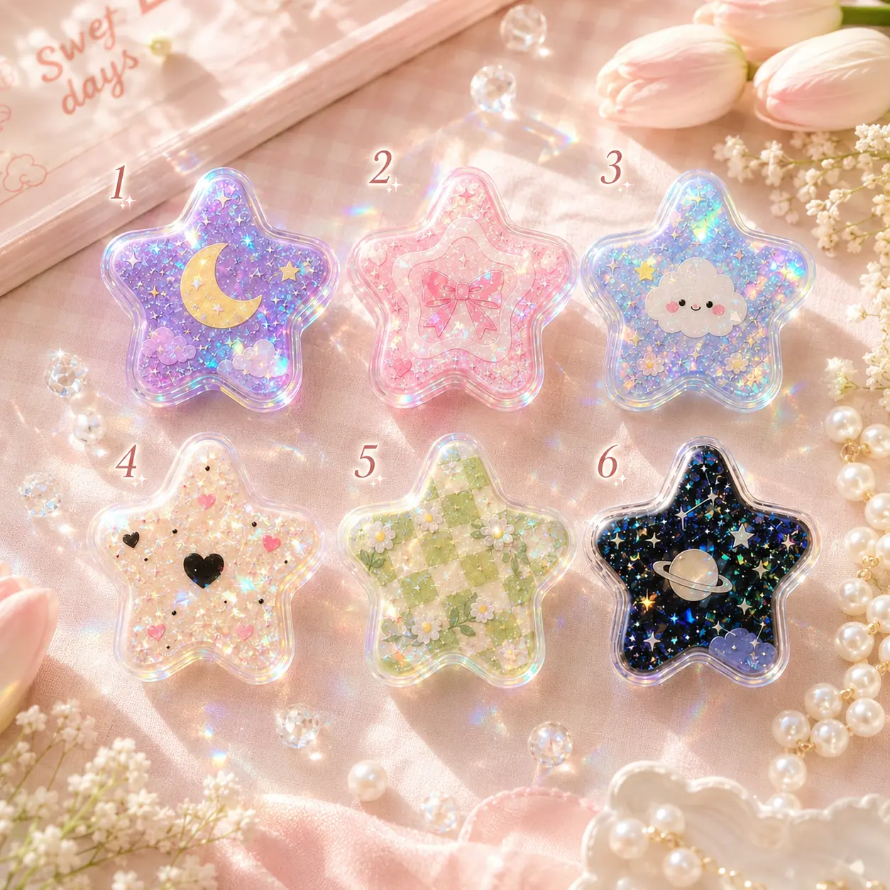 Kawaii Star Shaped Phone Grip Glitter Aesthetic Holder Cute Coquette Bow Moon Galaxy Cottagecore Sparkle Stand Universal Fit Gift