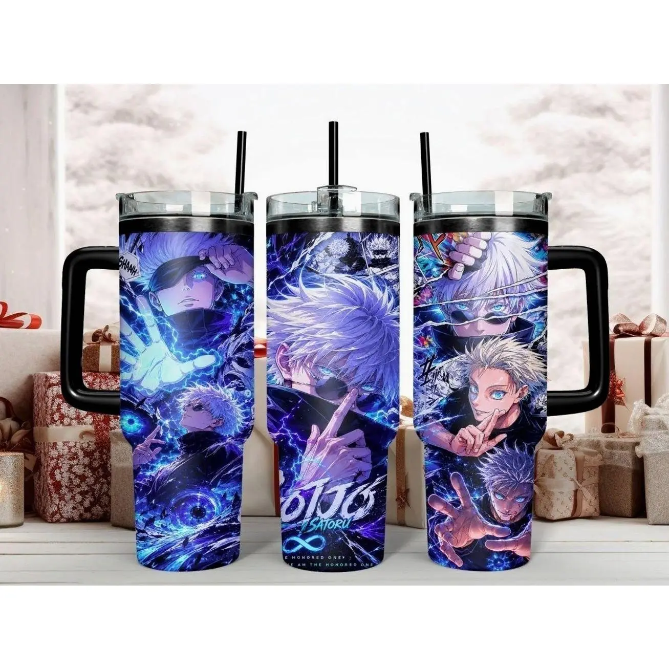 Jujutsu Kaisen Gojo Satoru The Honored One Anime Character Tumbler - Epic Blue Hollow Purple & Limitless Graphic Art 40oz Insulated Stainless Steel Travel Mug with Handle & Straw
