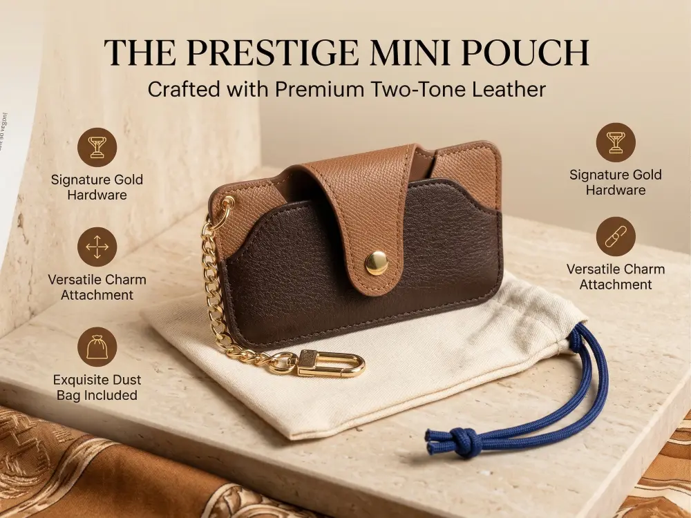 Women's Geometric Monogram Canvas Sunglasses Case - Brown Leather Eyewear Pouch with Gold Chain Clip, Belt Loop for Daily Wear, Everyday Casual Use, Classic, Commute, Slim Size, Grab-And-Go