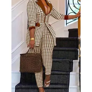 Women's Houndstooth Print Long Sleeve Blazer and Pants Elegant Two-Piece Set Fashionable Pink Striped Shirt Set fancy two piece sets men men two-piece outfit