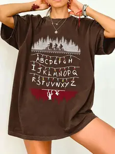 Stranger Things Christmas Alphabet Lights Graphic T-Shirt, Run Joyce Byers Demogorgon Pattern, Women's Oversized Vintage Black Crewneck, Hawkins 80s Retro Soft Tee, Xmas Gift for Series Fans, Upside Down Sci-Fi Apparel, Summer Fashion Top