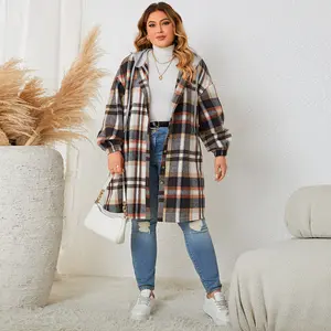 European and American autumn and winter new women's clothing foreign trade fat mm enlarged plaid hooded medium and long coat women