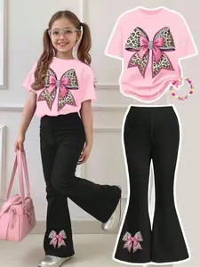 Girls' Casual Set, Leopard Bow Cartoon Print, Round Neck Short Sleeve T-Shirt and Bell Bottom Pants, Spring & Fall