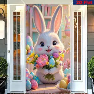 Easter Party Decorative Banner Decoration, Room Decor Banner, Party Decoration Supplies, Rabbit Holding Bouquet Design, Durable Polyester Material, Perfect for Easter Celebrations & Home Decor