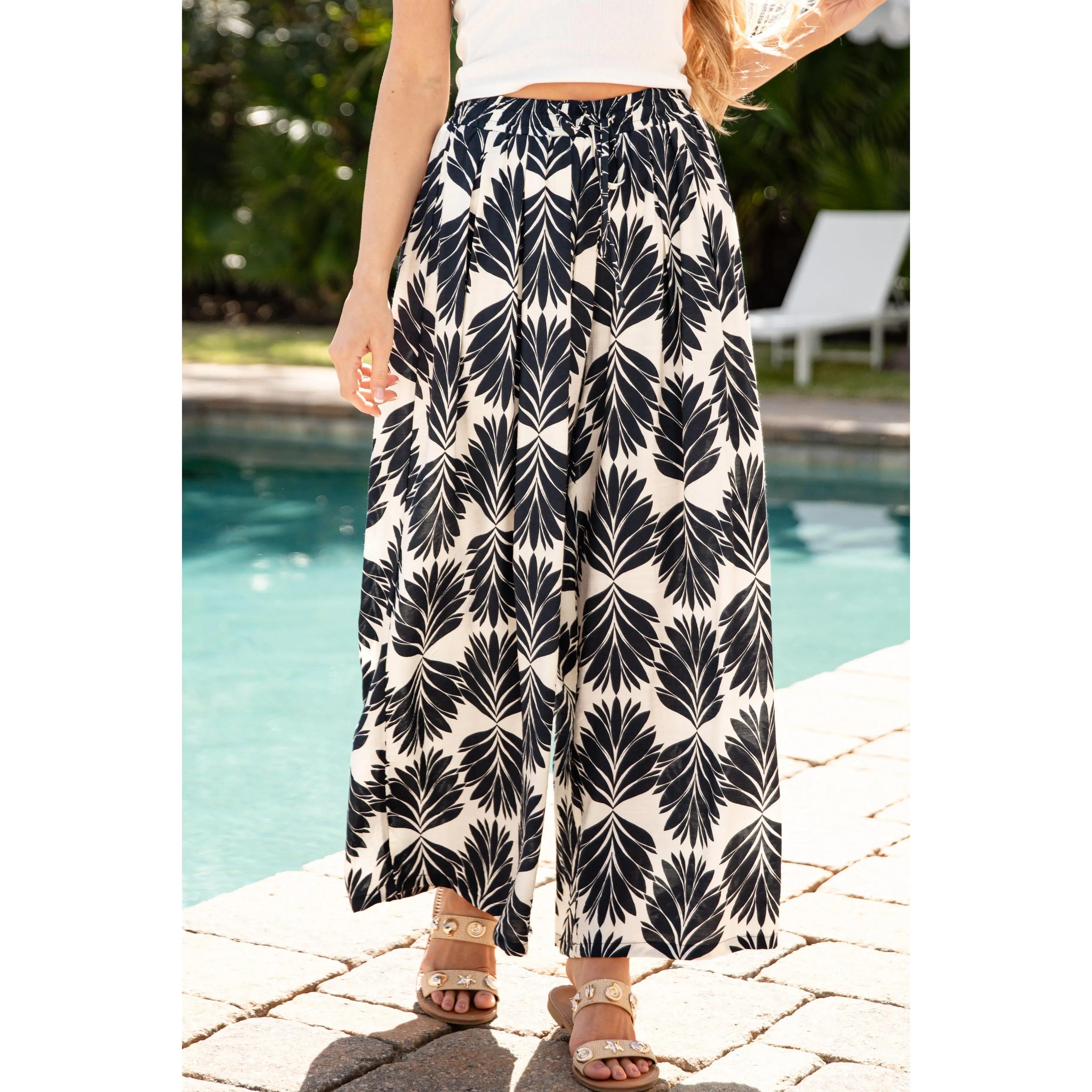 Palm Paradise Navy Tropical Print Wide Leg Pants