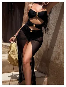 Bikini Swimsuit for Women 3 Piece - Black Hollowed-Out Metal Detail Swimwear with Chiffon Skirt - Sexy Beach Bathing Suit - Slimming Swimsuits for Vacation