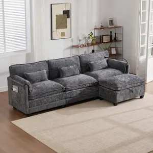112" Oversized Sectional Sofa Cloud Couch for Living Room, Modern Chenille L Shaped Couch, Comfy Boucle Modular Sofa Sleeper with Movable Storage Ottoman, Phone Holder, USB Charging Port -Gray