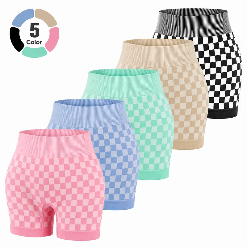 TASKWAY Women's & Men's 5-Piece Vibrant Checkered High-Waist Compression Sports Shorts Set, Flattering Sculpt Hourglass Silhouette, Colorful Checkered Designs, Endless Styling Options, Yoga Gym Wear, Gym Workout Apparel, Shorts For Women