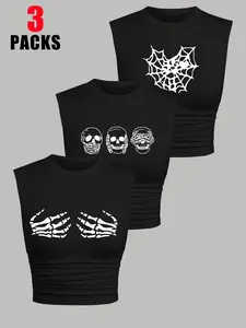 Women's Skeleton Hand Print Round Neck Crop Tank Top, Casual Sleeveless Crew Neck Top for Summer, Ladies Clothes for Daily Wear, Workout Tanks, Halloween, Athletic Tank Tops