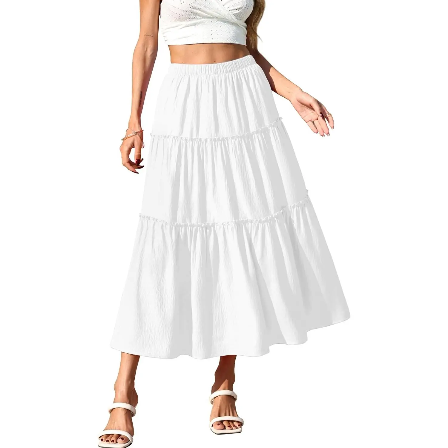 Women's Bohe Flared Ruffle Casual Midi Skirt | Elastic High Waist A-Line skirt,Vacation Skirts,Everyday Casual Skirt,Beach Skirt,Waist Tiered Flowy Skirts