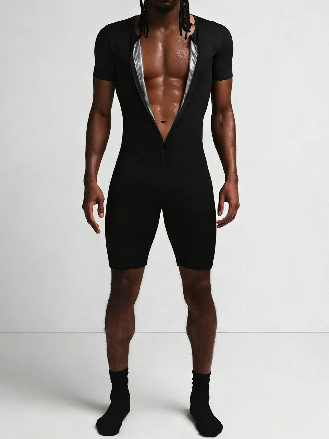 Men's Sauna Shirt & Shorts Set, Comfortable Fitness Sweat Top, Breathable Workout Suit for Gym Training, Exercise & Active Sports, athletic fashion activewear, Fitness Apparel, Sportswear All Seasons SILVER AND BLACK