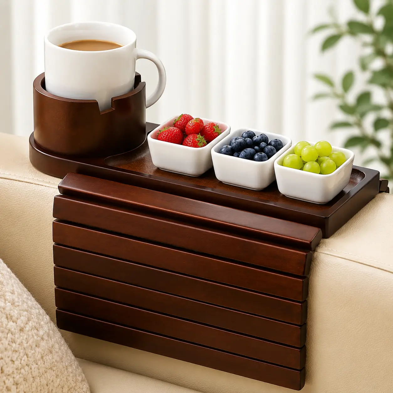 Bamboo Sofa Armrest Tray Table - Anti-Slip Couch Arm Organizer with Cup Holder, Phone Stand for Drinks, Snacks, Remote Control, Biodegradable Small Space Living Room Furniture for Watch Party, Birthdays
