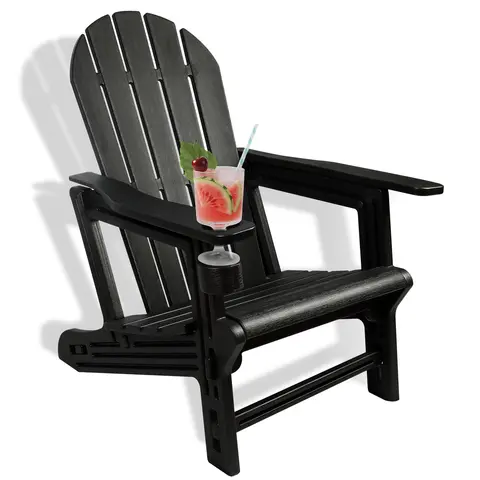 Adirondack Chair, HDPE Weather Resistant Adirondack Chairs, Wooden Textured, Patio Chairs with Cup Holder, for Patio, Backyard Deck, Fire Pit & Lawn Porch(Black)