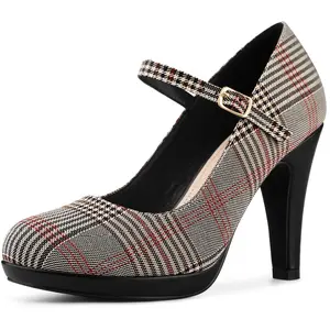 BLISSFUL STEP Houndstooth Platform Stiletto Heels Mary Janes Pumps Brown