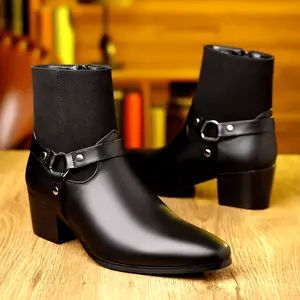 [Heeled Boots for Men] Casual PU Leather Heeled Boots - Men's Walking Shoes With Zippers Boy Footwear