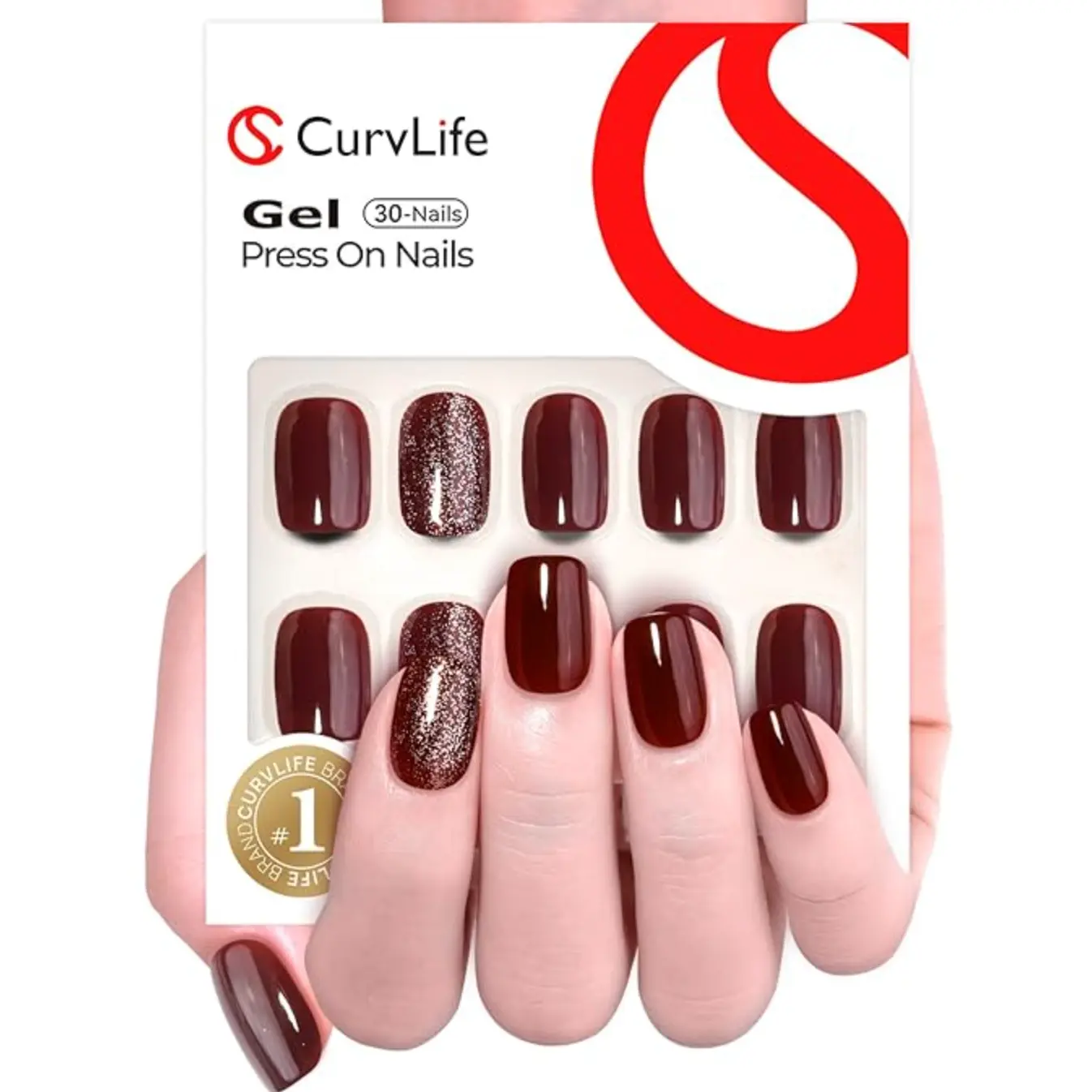 Burgundy Bling Glitter Press On Nails | CurvLife Nail | 24pcs Short Square Fake Nails | Glossy Deep Burgundy Finish with Sparkling Accents | Easy to Apply, Comfortable & Long-Lasting Hold |  Evening , Cocktail Parties, Weddings & Glamorous Events
