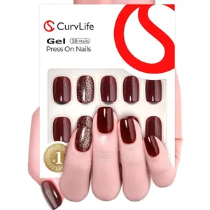Burgundy Bling Glitter Press On Nails | CurvLife Nail | 24pcs Short Square Fake Nails | Glossy Deep Burgundy Finish with Sparkling Accents | Easy to Apply, Comfortable & Long-Lasting Hold |  Evening , Cocktail Parties, Weddings & Glamorous Events