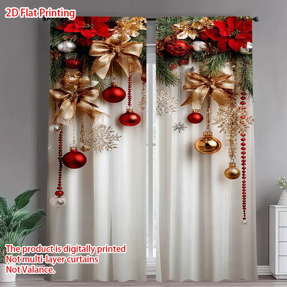 2-Piece set,Merry Christmas themed curtains-red gold and green snowflake holiday decoration,translucent rod pocket, seasonal room embellishment, Christmas decoration, Window Decorations Supplies, Interior Decoration Accessories