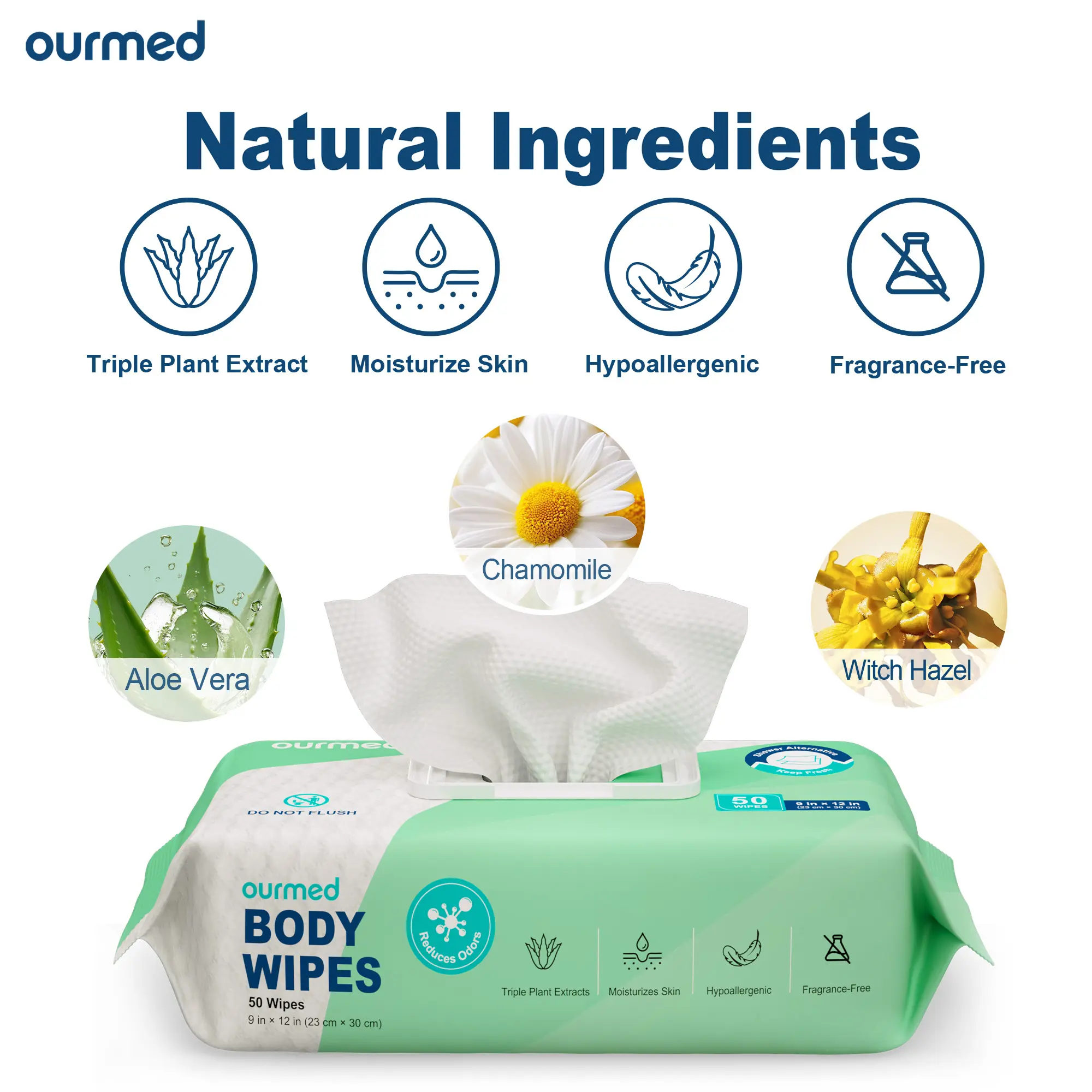 Ourmed Extra Large No-Rinse Body Wipes, 9"x12" Cleaning Shower Wipes, Moisturizing Hypoallergenic Home Care Essentials for Adults, 50/100 Count