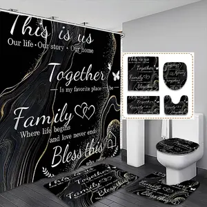 Creative Family Theme Shower Curtain Set, Home Goods, Inspirational Quotes, Includes 12 Plastic Hooks, Non-Slip Mat, Toilet Lid Pad, Home Restroom Bathroom Decor