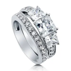 BERRICLE Sterling Silver 3-Stone Wedding Engagement Rings Statement Stackable Band for Women, 1.6 Carat Princess Cut Cubic Zirconia CZ Ring Set