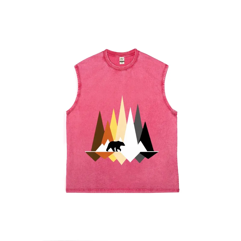 Men's Vintage Washed Cotton Tank Top with Geometric Bear Pride Print, Breathable Relaxed Fit for Gym & Summer