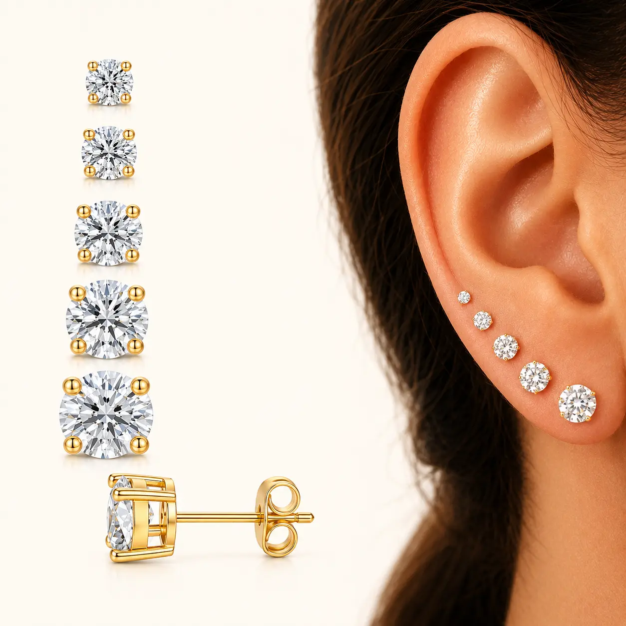 17KM Gold Stud Earrings for Women, 5 Pairs 14K Gold Plated Cubic Zirconia Stud Earrings, Hypoallergenic Stackable Earrings Set for Multiple Piercing, Minimalist Everyday Jewelry