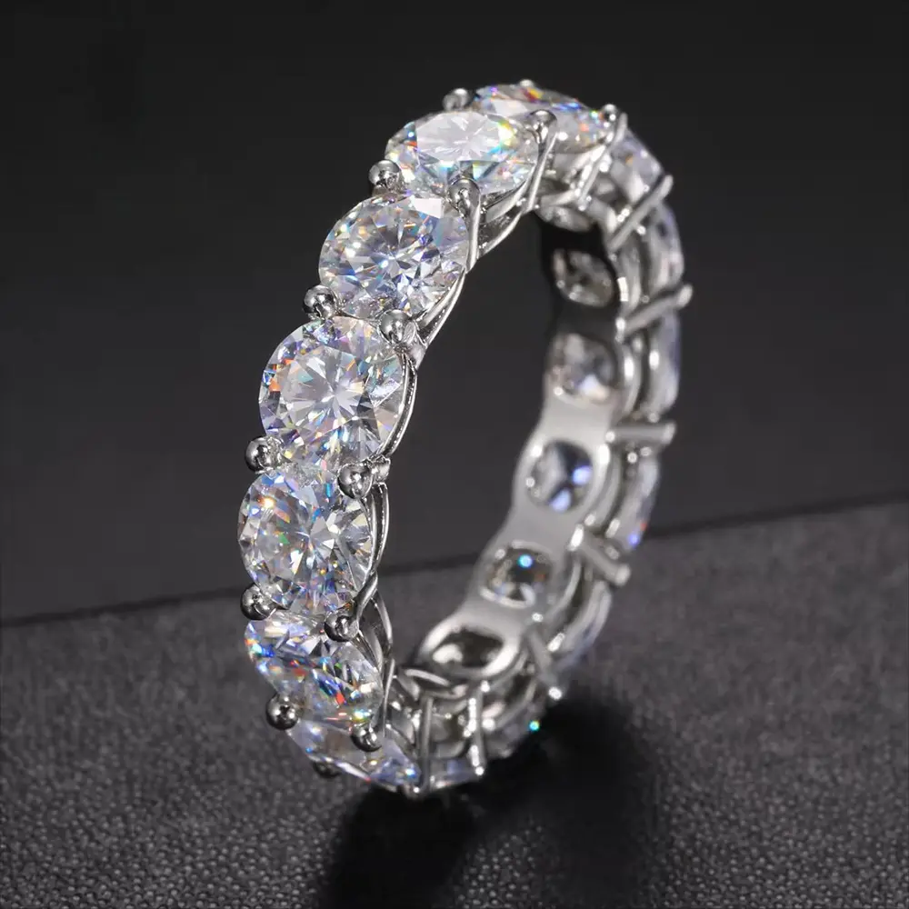 Classic Moissanite Eternity Band, 7.5-8 Carats 5mm D Color, Platinum Plated 925 Sterling Silver Stackable Engagement omise Ring for Women