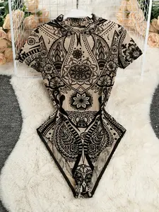 Young Y2K Sheer Floral Print Crew Neck Short Sleeve Rompe - Black Polyester Romper with High Elasticity & Semi-sheer Fabric for Women's Chic Wear Womenswear Elegant