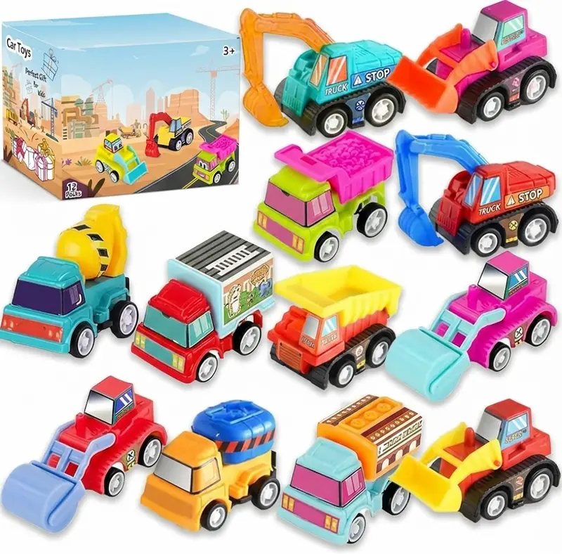 Valentine’s Day Classroom Gifts for Kids, 12PCS Pull Back Cars & Trucks Toy Set for Boys & Girls, Mini Construction Vehicles Party Favors, Potty Training Rewards & School Exchange Gifts