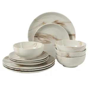 Gibson Home Cloudlight 12 Piece Plates and Bowls Dishes Brown and White - Decorated Porcelain Ceramic Dinnerware Set - Service for 4