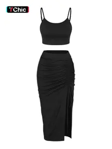 Women's High Elastic Drawstring Crop Top & Skirt Set, Casual Slim-Fitting Two-Piece Outfit, Plain Design, Perfect for Daily Wear，ZAFUL