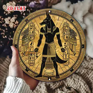 1pc Anubis God Egyptian Mythology Round Wall Art - Ancient Egypt Hieroglyphics Metal Plaque, Anubis with Jackal Ears & Black & Golden Pharaoh Design for /Outdoor Door & Wall Decor - Ancient Egyptian Symbolism for Homes, 2D Flat