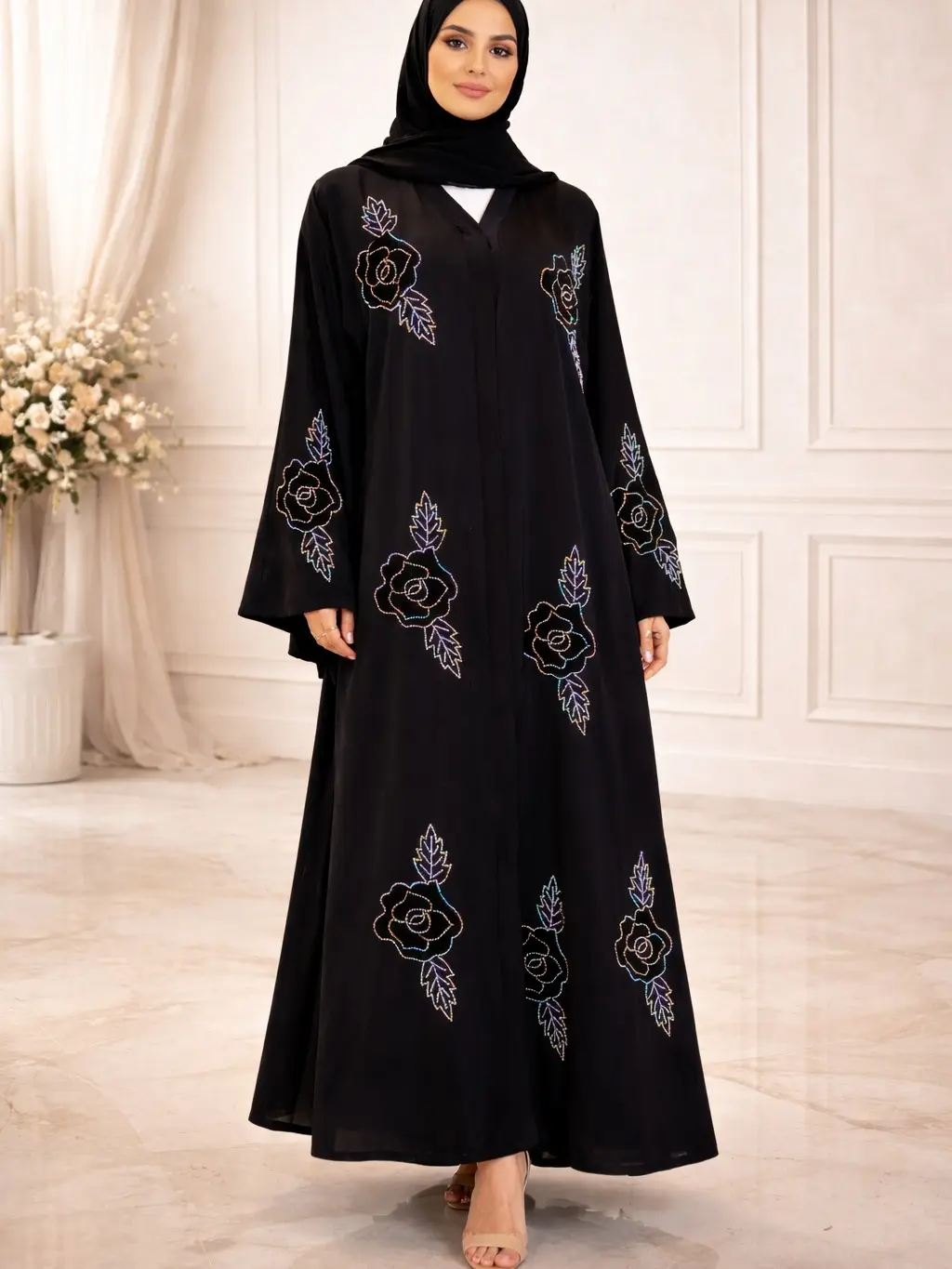Black flare abaya dress;islamic clothing with creastal datail