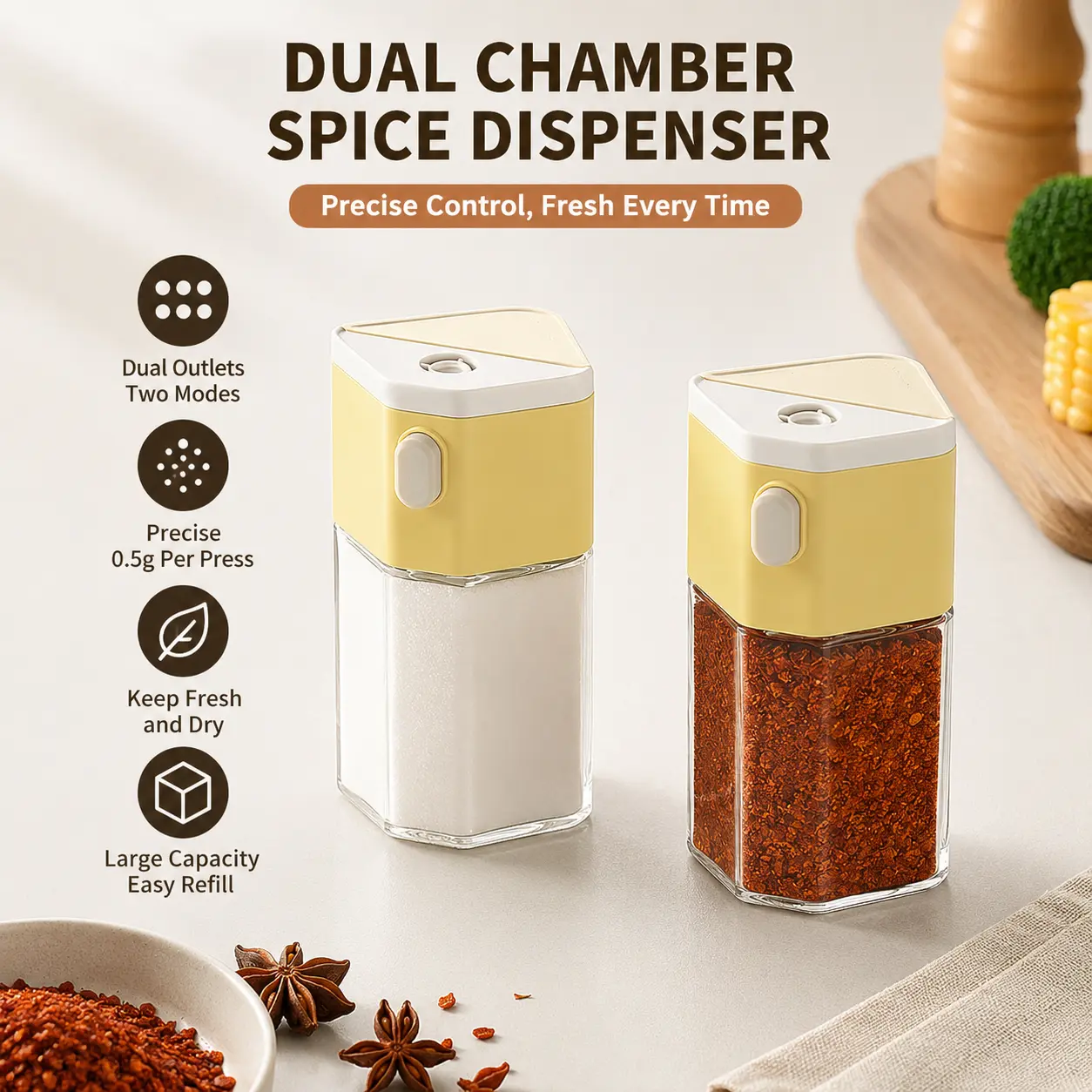 Press-Type Dual-Use Seasoning Dispenser Utensils, 0.5g Quantitative Output Sealed Spice Storage Jar for Kitchen Cooking, Barbecue