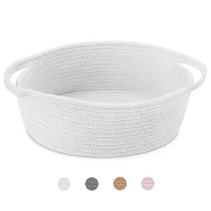 Cute Small Woven Basket with Handles, 12"x 8" x 5" Rope Room Shelf Storage Basket Chest Box for Cat and Dog Toys, Empty Decorative Gift...